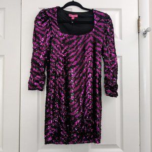 Betsey Johnson Fuchsia Black Striped Sequin Mini Dress NWT Small